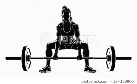 A Strong Woman Performing a Dynamic Weightlifting Pose While Lifting a Barbell with Power 124339900