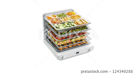 Food Dehydrator With Multiple Trays Of Fresh Vegetables And Snacks. Healthy Food Preservation Isolated On Transparent Background 124340288