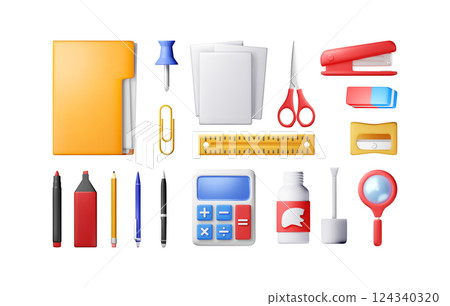 3D stationery set icons isolated 124340320