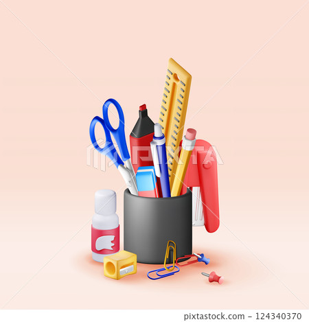 3D pen holder office equipment set isolated 124340370