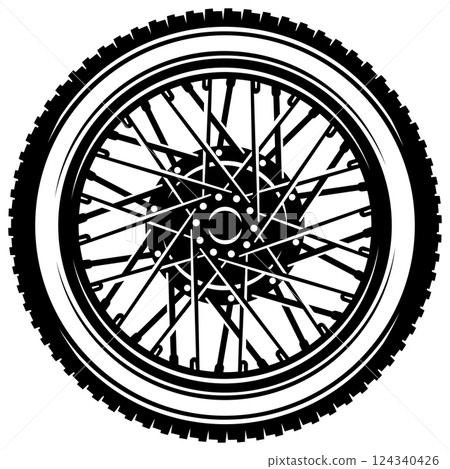 Detailed Vector Illustration of a Motorcycle Wheel with Spokes and Tire Tread Pattern 124340426