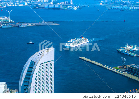 Yokohama cityscape, Japan. First port call. Europa 2 arrives at Yokohama Port. Soon to dock at Shinko Pier. March 25th. 124340519