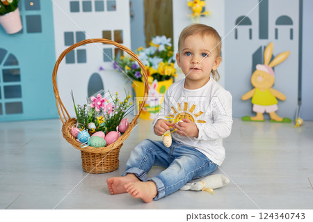 Baby girl celebrate Easter. Baby girl celebrate Easter. 124340743