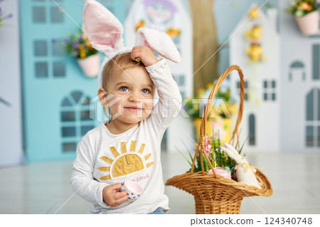 Baby girl celebrate Easter. Baby girl celebrate Easter. 124340748