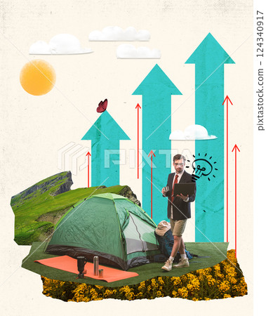 Businessman standing near tent with coffee and laptop, surrounded by arrows of growth in mountain meadow. Contemporary art collage 124340917