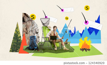 Man catching price tags with fishing rod in forest camp, chasing profit in creative outdoor office. Contemporary art collage 124340920