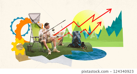 Man in explorer outfit holding fishing rod and computer, fishing ideas in nature while building strategies. 124340923