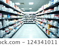 Pharmacy, shelves and bottles, pharmaceutical health supplies. Store, storage and retail for pharmacy supplies 124341011