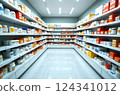 Pharmacy, shelves and bottles, pharmaceutical health supplies. Store, storage and retail for pharmacy supplies 124341012