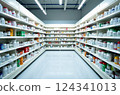 Pharmacy, shelves and bottles, pharmaceutical health supplies. Store, storage and retail for pharmacy supplies 124341013
