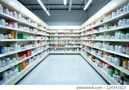 Pharmacy, shelves and bottles, pharmaceutical health supplies. Store, storage and retail for pharmacy supplies Pharmacy, shelves and bottles, pharmaceutical health supplies. Store, storage and retail for pharmacy supplies 124341013
