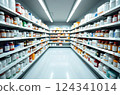 Pharmacy, shelves and bottles, pharmaceutical health supplies. Store, storage and retail for pharmacy supplies 124341014