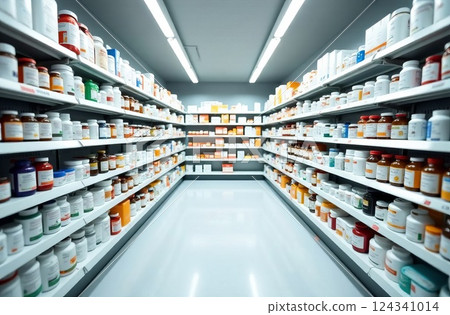 Pharmacy, shelves and bottles, pharmaceutical health supplies. Store, storage and retail for pharmacy supplies 124341014