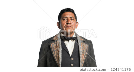 Man In Traditional Embroidered Suit With Bow Tie. Cultural Heritage And Fashion Isolated On Transparent Background Man In Traditional Embroidered Suit With Bow Tie. Cultural Heritage And Fashion Isolated On Transparent Background 124341176