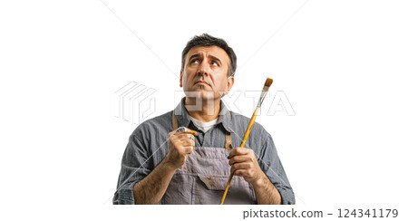 Male Artist In Apron Holding Paintbrush And Palette. Creative Inspiration And Artistic Expression Isolated On Transparent Background 124341179