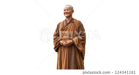 Buddhist Monk In Traditional Robe Smiling Peacefully. Spirituality And Inner Peace Isolated On Transparent Background Buddhist Monk In Traditional Robe Smiling Peacefully. Spirituality And Inner Peace Isolated On Transparent Background 124341181