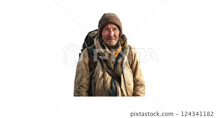 Rugged Traveler In Winter Gear. Outdoor Adventure And Survival Isolated On Transparent Background 124341182