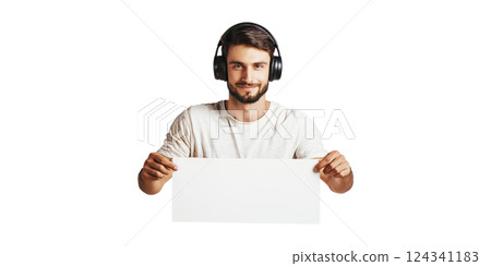 Man Wearing Headphones Holding Blank Sign. Music Enthusiast Promoting Message Isolated On Transparent Background 124341183