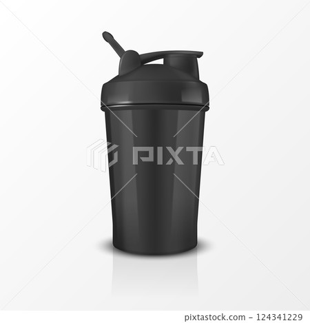 Vector Realistic 3D Empty Glossy Shaker Bottle With Black Cap for Fitness Sports Nutrition Supplement Workout Hydration Closeup Isolated. Packaging Mockup Design Template 124341229