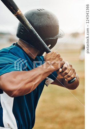 Baseball, bat and baseball player, sports game and fitness, strong and arm muscle, sport training and waiting on pitch. Black man, athlete and baseball field, exercise and ready for practice or match 124341366