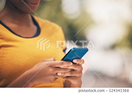 Phone, communication and social media with hand of woman typing an email or sending a message at outdoor park. Mobile technology, surfing web and internet app with media female with 5g network Phone, communication and social media with hand of woman typing an email or sending a message at outdoor park. Mobile technology, surfing web and internet app with media female with 5g network 124341368