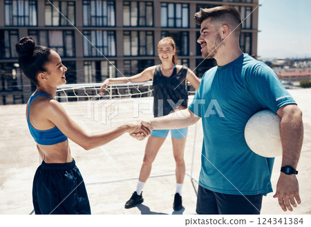 Handshake, soccer and outdoor with man, women and city in sport with respect, equality or empowerment. People, sports and city for fitness, exercise and wellness for summer in football by building Handshake, soccer and outdoor with man, women and city in sport with respect, equality or empowerment. People, sports and city for fitness, exercise and wellness for summer in football by building 124341384