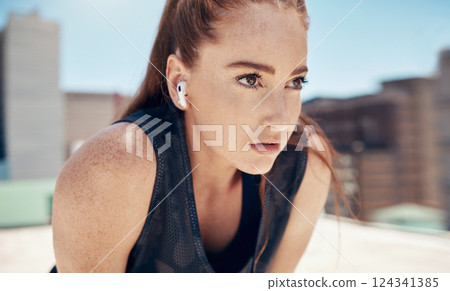 Fitness face, thinking and focus woman city training, sports exercise or outdoor workout with music earphones. Female runner challenge, mental vision and mindset goals, breathe and running motivation Fitness face, thinking and focus woman city training, sports exercise or outdoor workout with music earphones. Female runner challenge, mental vision and mindset goals, breathe and running motivation 124341385