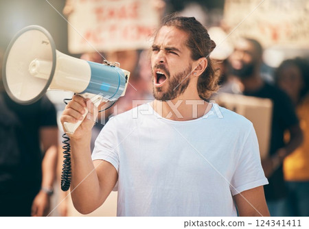 Megaphone, protest and man leader speaking at rally for politics, equality and human rights. Revolution, outdoor strike and guy shouting with microphone for leadership justice speech in road for riot Megaphone, protest and man leader speaking at rally for politics, equality and human rights. Revolution, outdoor strike and guy shouting with microphone for leadership justice speech in road for riot 124341411