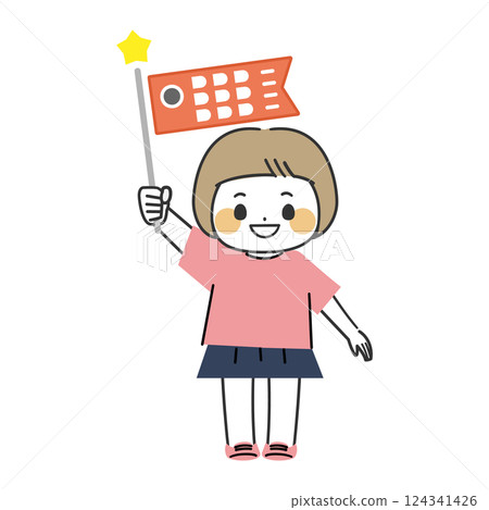（兒童節）拿著鯉魚旗的女孩的可愛插圖 124341426