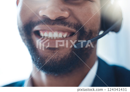 Black man, call center and phone call, smile with teeth and headphones contact us, communication and customer service and telemarketing closeup. Company, working and help client, sale with customer. 124341431