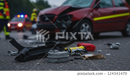 rough area with debris on asphalt and secure car in background 124341470
