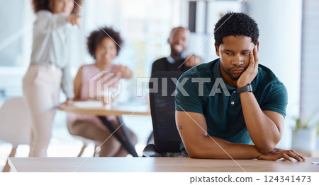 Workplace bullying, depression and gossip of businessman with anxiety, mental health and pointing employees in office conflict. Lonely, depressed and harassment of sad victim in worker discrimination Workplace bullying, depression and gossip of businessman with anxiety, mental health and pointing employees in office conflict. Lonely, depressed and harassment of sad victim in worker discrimination 124341473