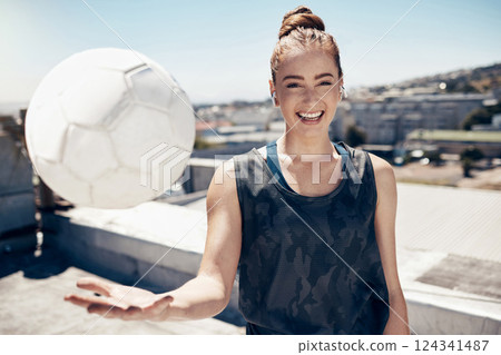 Happy, motivation and woman soccer athlete with a football ready for a workout, match or exercise. Portrait of a teen girl smile in a sport uniform before fitness and school training outdoor in city 124341487