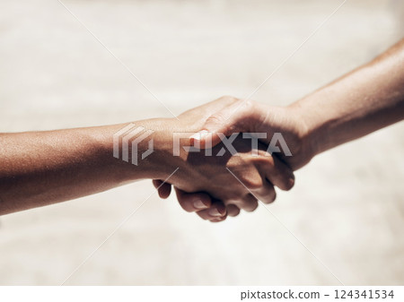 Handshake, agreement or thank you with people welcome, deal or collaboration in teamwork outdoor. Friends or person shake hands together with respect, agree and friendship with zoom in hands in town 124341534