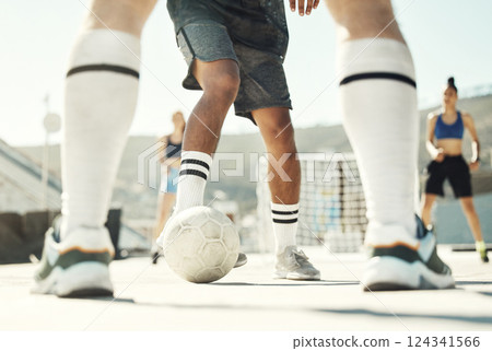 Football, ball and team of fitness people play a game, training and challenge together in the city. Soccer, workout and sports people play, workout or exercise for health and wellness in urban town Football, ball and team of fitness people play a game, training and challenge together in the city. Soccer, workout and sports people play, workout or exercise for health and wellness in urban town 124341566