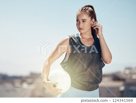 Woman, soccer ball or thinking of fitness goals, training match target or Canada city workout game. Football player, sports athlete or exercise coach listening to health radio music or winner podcast 124341569