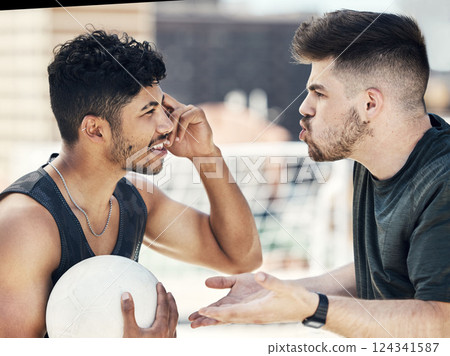 Angry soccer players fight, problem and argument, conflict and anger in competition sports game. Frustrated, mad and shouting footballer men arguing on pitch about wrong penalty action, fail and rage Angry soccer players fight, problem and argument, conflict and anger in competition sports game. Frustrated, mad and shouting footballer men arguing on pitch about wrong penalty action, fail and rage 124341587
