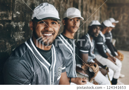 Happy man, baseball player and team sports portrait, motivation and confidence for competition game. Smile professional athlete waiting on bench with group for performance, outdoor match and training 124341653