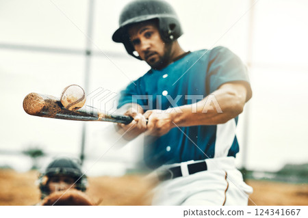 Sports, baseball and bat with a man athlete hit a fast ball and score during a game outdoor on a pitch. Sport, fitness and exercise with a strong male player on a field for training or a match Sports, baseball and bat with a man athlete hit a fast ball and score during a game outdoor on a pitch. Sport, fitness and exercise with a strong male player on a field for training or a match 124341667