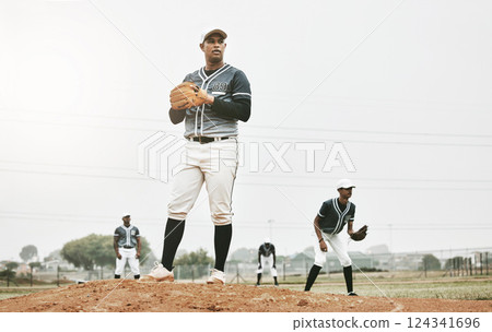 Sports, baseball and team on field training for game, match or competition. Fitness, exercise and male athlete group, workout or exercise on grass pitch outdoors with pitcher ready to throw ball. 124341696