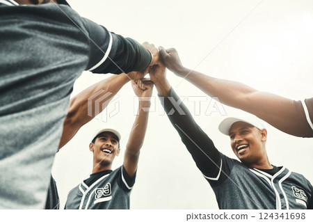 Baseball, celebration and team with support, motivation and goal for collaboration in sports. Happy, excited and athlete group with smile and hands for training, strategy and solidarity in game 124341698