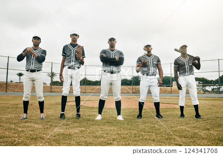 Baseball player, team and baseball field, fitness and sport, sports equipment, athlete ready and motivation. Young, men and athlete, focus and serious in portrait, solidarity and confident for game. 124341708