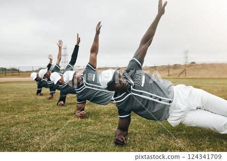 Sports, baseball field and team doing body stretching to prepare for game, competition or fitness workout. Sport, focus or exercise training group of people, athlete or warm up with winner mindset Sports, baseball field and team doing body stretching to prepare for game, competition or fitness workout. Sport, focus or exercise training group of people, athlete or warm up with winner mindset 124341709