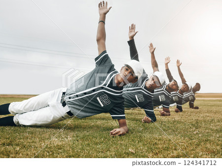 Fitness, baseball pitch and team stretching before a game or sport training on an outdoor field. Softball, health and men athletes doing a warm up exercise for a match, workout or sports motivation. Fitness, baseball pitch and team stretching before a game or sport training on an outdoor field. Softball, health and men athletes doing a warm up exercise for a match, workout or sports motivation. 124341712