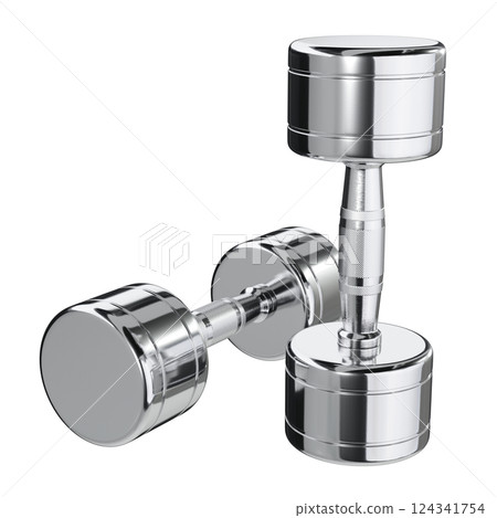 Two blank Round Dumbbells, chrome weightlifting gym equipment top view Two blank Round Dumbbells, chrome weightlifting gym equipment top view 124341754