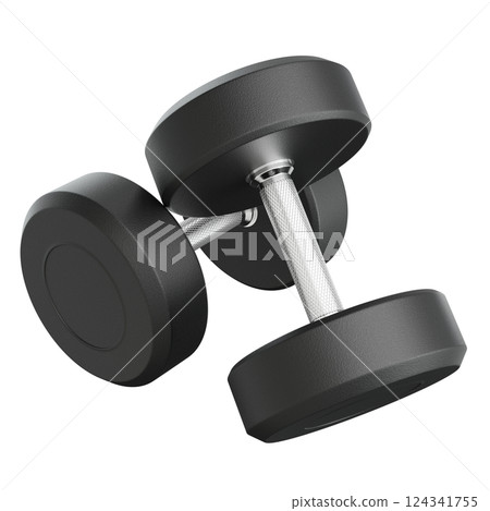 Two Blank Round Rubber Dumbbells, weightlifting gym equipment top view Two Blank Round Rubber Dumbbells, weightlifting gym equipment top view 124341755