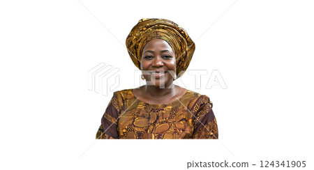 Smiling Woman In Traditional African Attire. Cultural Heritage And Fashion Expression Isolated On Transparent Background 124341905