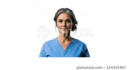 Confident Female Nurse In Blue Scrubs. Professional Healthcare Worker Portrait Isolated On Transparent Background 124341907