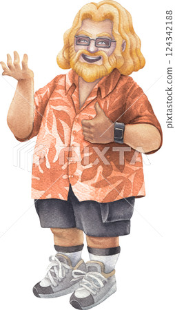A cheerful bearded Watercolor men in a Hawaiian shirt holding something in his hand, smiling and giving a thumbs-up A cheerful bearded Watercolor men in a Hawaiian shirt holding something in his hand, smiling and giving a thumbs-up 124342188