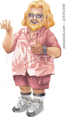 A cheerful bearded Watercolor men in a Hawaiian shirt holding something in his hand, smiling and giving a thumbs-up 124342190